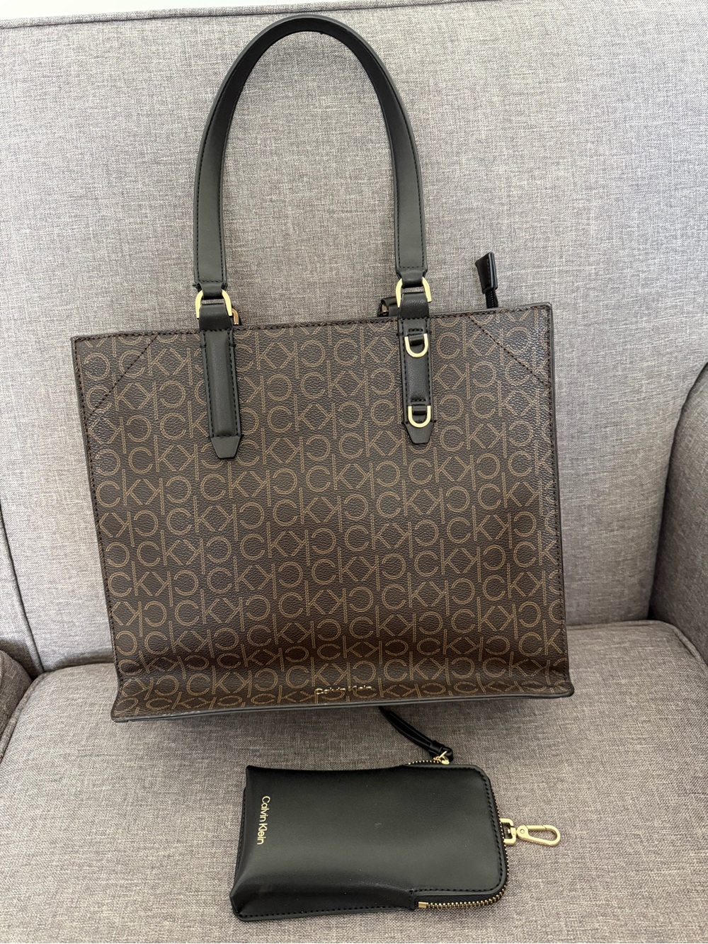 CK Monogram Gene Tote Handbag with Matching Black Zip Pouch